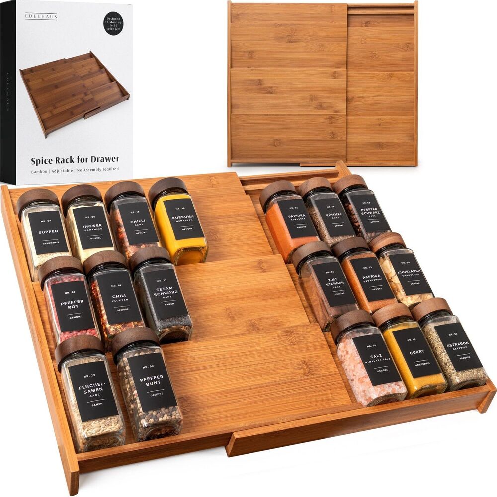 EDELHAUS Carbonized Bamboo Spice Drawer Organizer, 4 Tier Expandable Organizer
